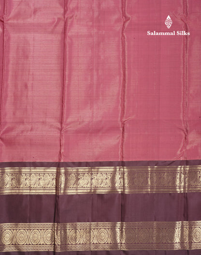 Pinkish Maroon Vairaoosi Lines Pure Kanjivaram Silk Saree With Contrast Dark Brown Traditional Rettapet Border