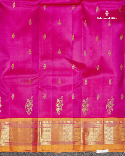 One Side Border Pure Silk Saree - Dual Tone Pink Zari Butta With Contrast Mustard Yellow Traditional Border