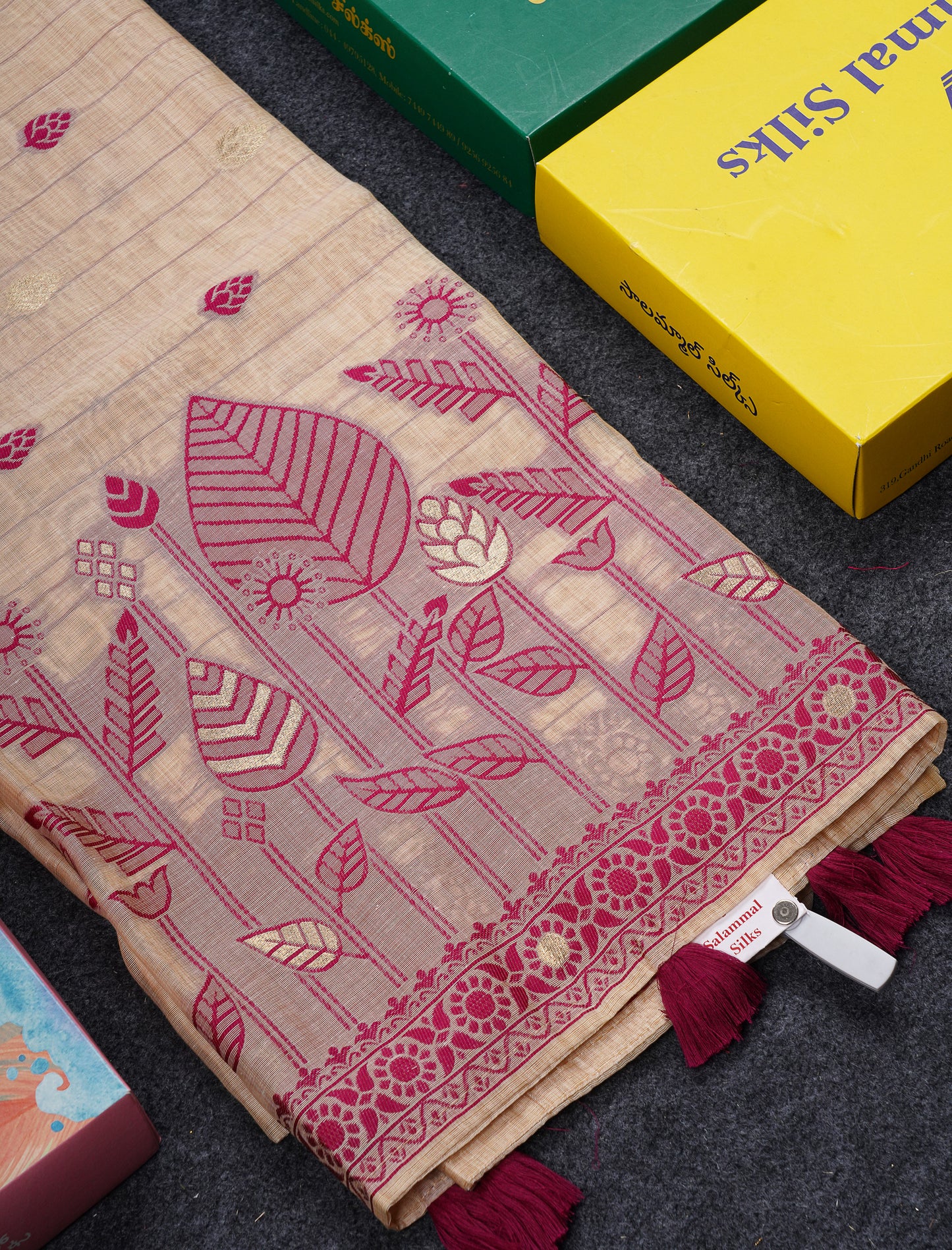 Beautiful Cream Sandal Thread Work Butta Cotton Mix Saree With Contrast Magenta Fancy Border
