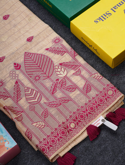 Beautiful Cream Sandal Thread Work Butta Cotton Mix Saree With Contrast Magenta Fancy Border
