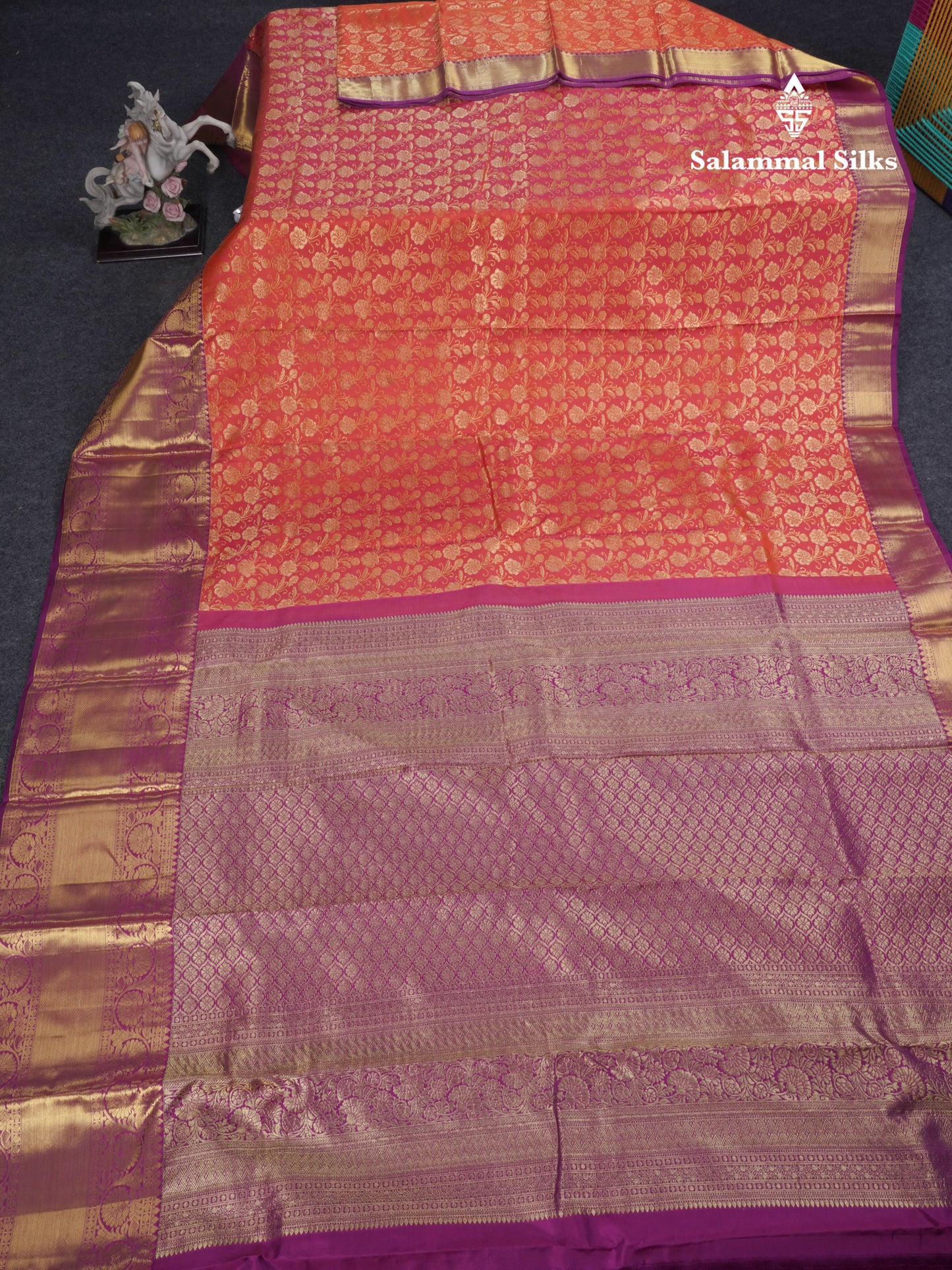 Pinkish Orange Bridal Pure Kanjivaram Silk Saree With Violet Evening Morning Border