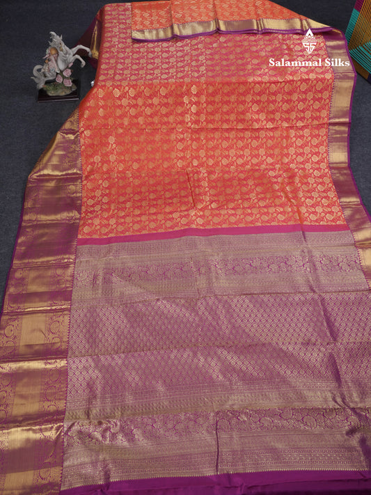 Pinkish Orange Bridal Pure Kanjivaram Silk Saree With Violet Evening Morning Border