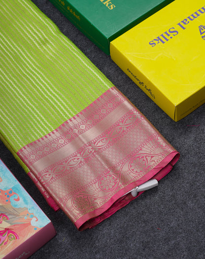 Beautiful Parrot Green Semi Soft Silk Mix Saree With Contrast Pink Traditional Border