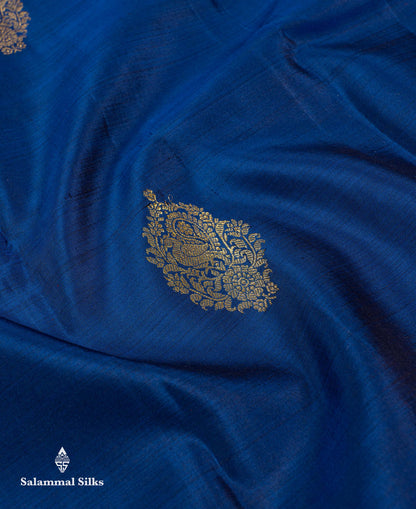 Beautiful Dual Tone Blue Pure Kanjivaram Silk Saree With Traditional Evening Morning Border