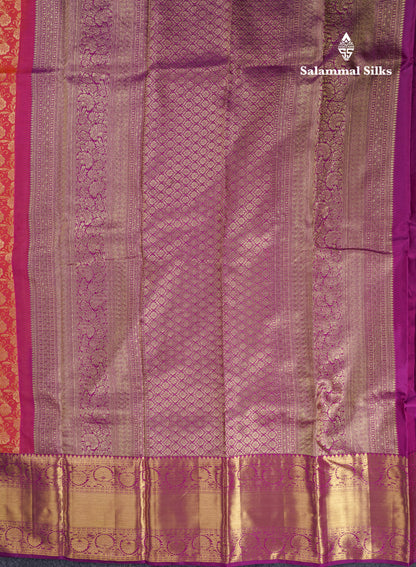 Pinkish Orange Bridal Pure Kanjivaram Silk Saree With Violet Evening Morning Border