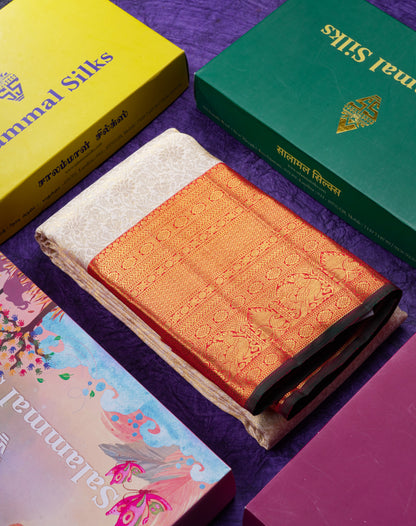 Beautiful Half White Bridal 2G Pure Kanjivaram Silk Saree With Contrast Red Traditional Evening Morning Border