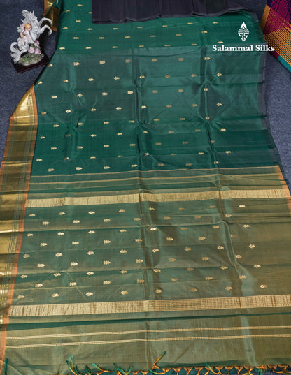 Bottle Green Pure Kanjivaram Silk Saree With Contrast Olive Mustard Yellow One Side Border