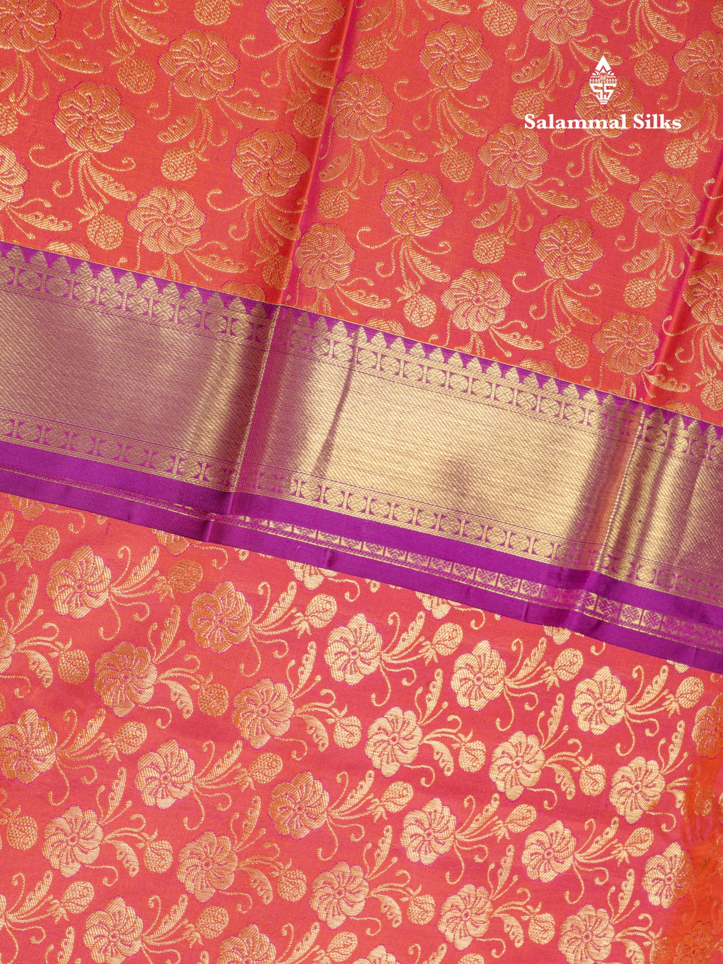 Pinkish Orange Bridal Pure Kanjivaram Silk Saree With Violet Evening Morning Border