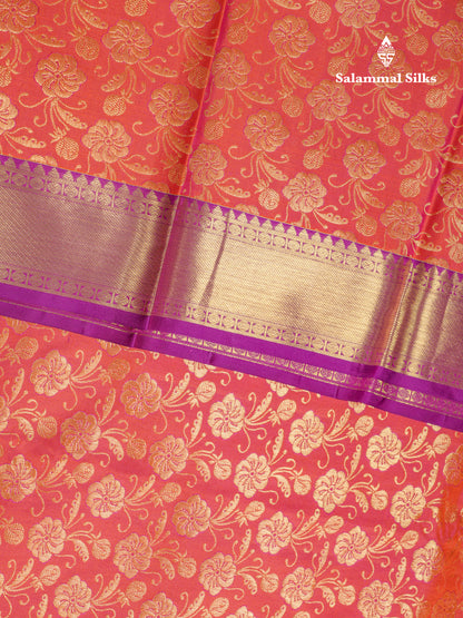 Pinkish Orange Bridal Pure Kanjivaram Silk Saree With Violet Evening Morning Border