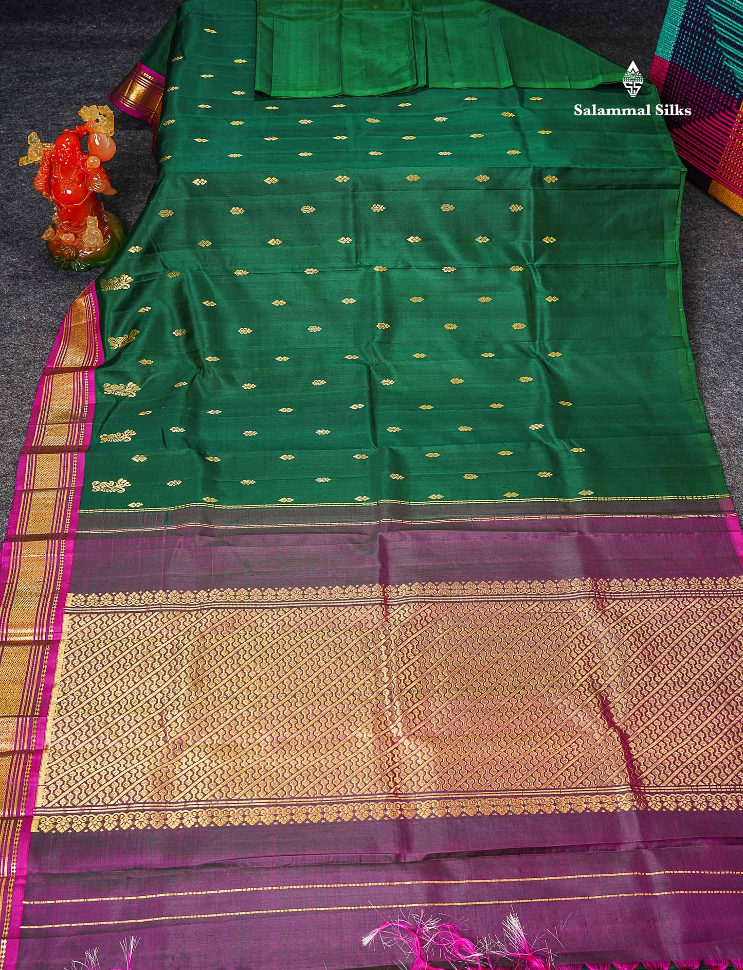 One Side Border Pure Silk Saree - Bottle Green Zari Butta With Contrast Magenta Traditional Border