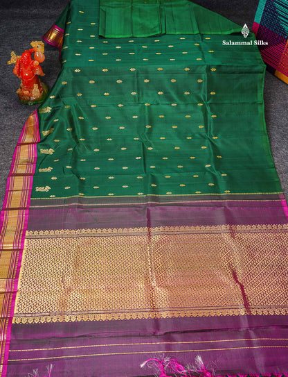One Side Border Pure Silk Saree - Bottle Green Zari Butta With Contrast Magenta Traditional Border