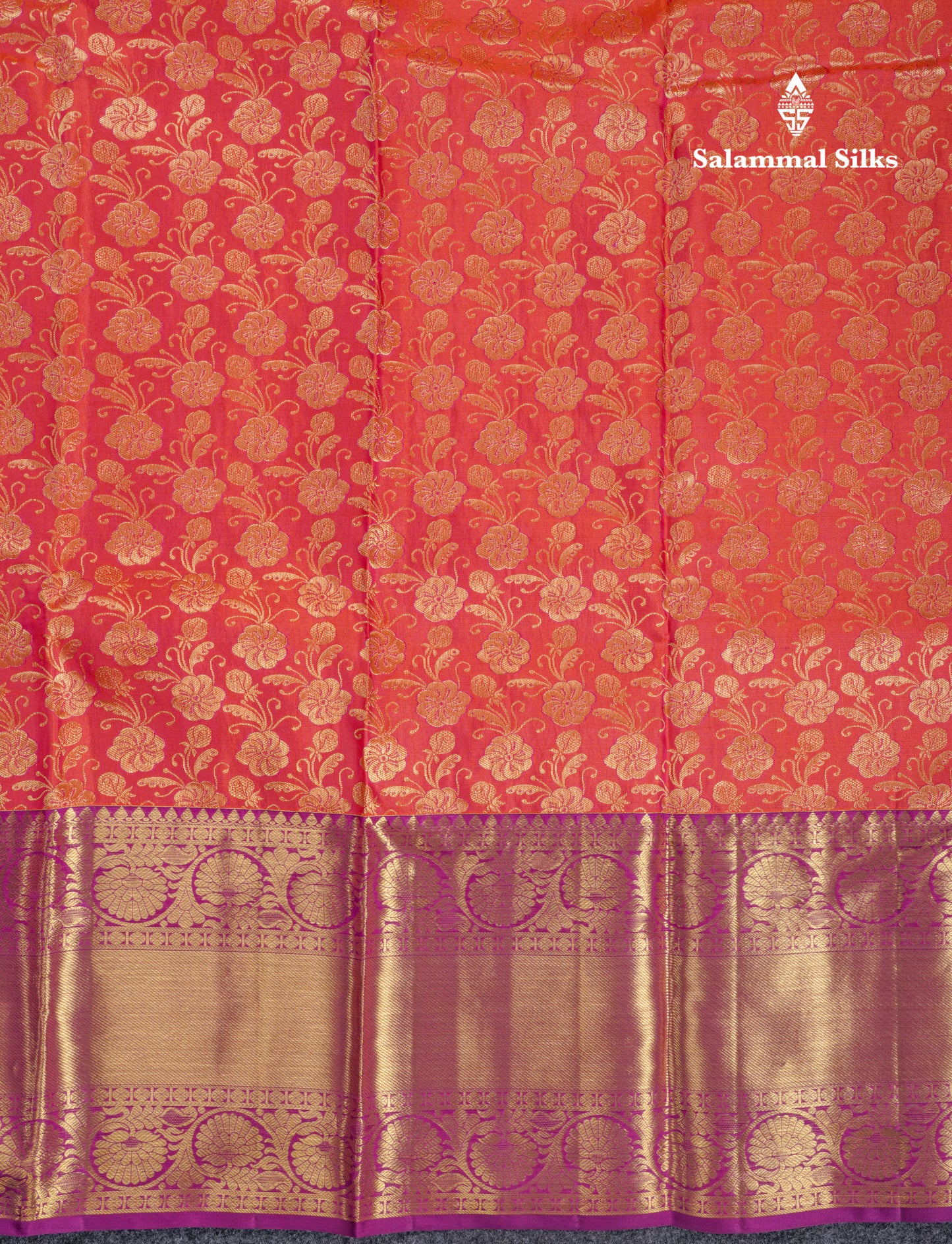 Pinkish Orange Bridal Pure Kanjivaram Silk Saree With Violet Evening Morning Border