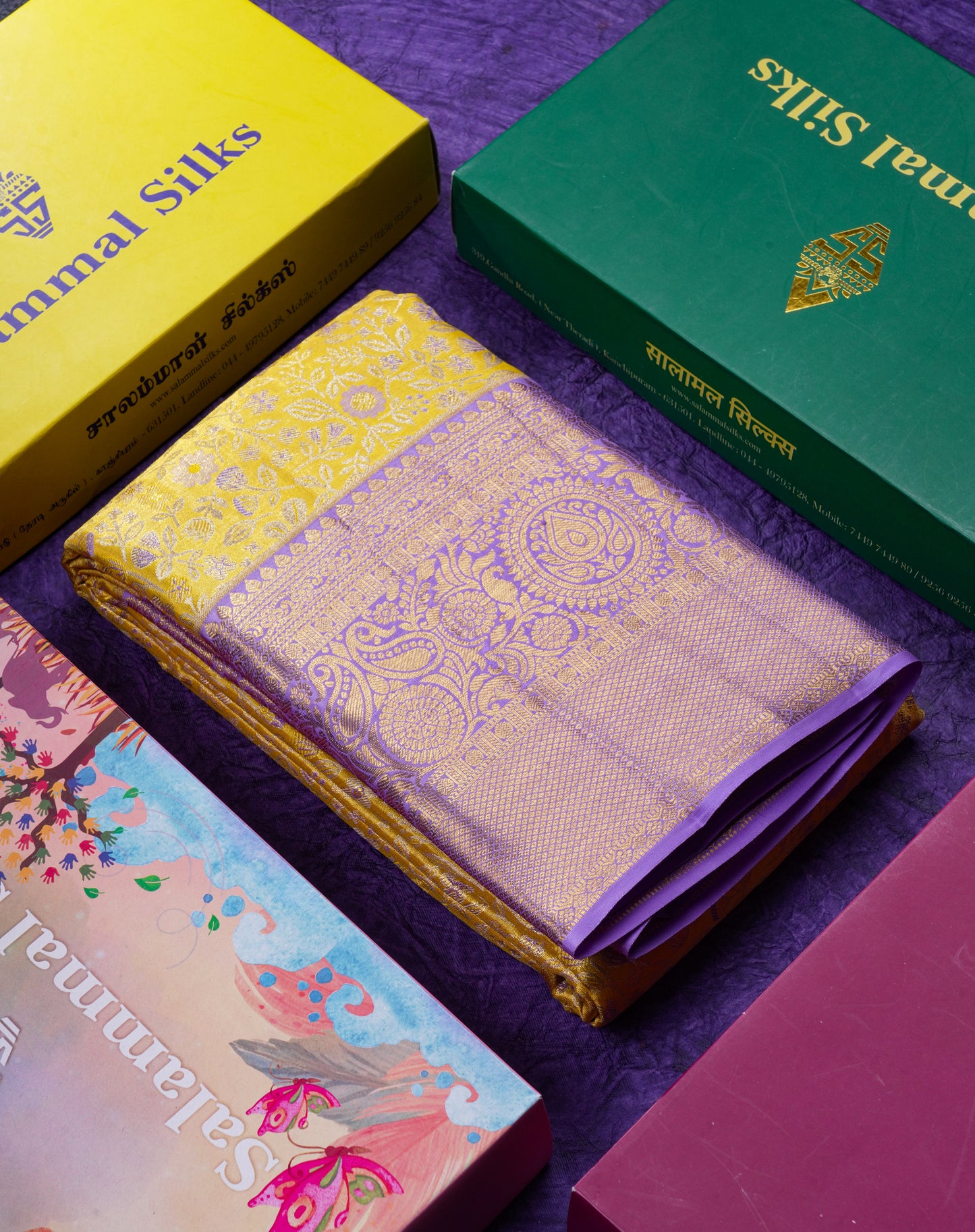 Beautiful Gold Tissue Bridal Pure Kanjivaram Silk Saree With Contrast Lavender Traditional Border