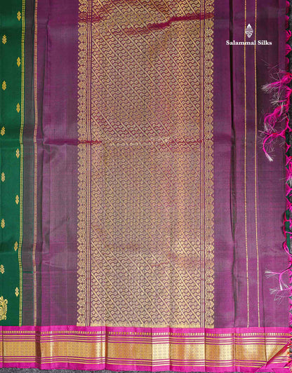 One Side Border Pure Silk Saree - Bottle Green Zari Butta With Contrast Magenta Traditional Border