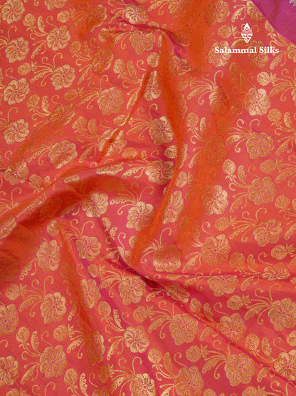Pinkish Orange Bridal Pure Kanjivaram Silk Saree With Violet Evening Morning Border