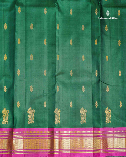One Side Border Pure Silk Saree - Bottle Green Zari Butta With Contrast Magenta Traditional Border