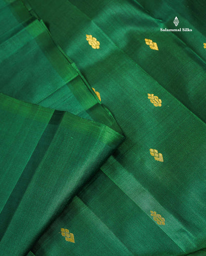 One Side Border Pure Silk Saree - Bottle Green Zari Butta With Contrast Magenta Traditional Border