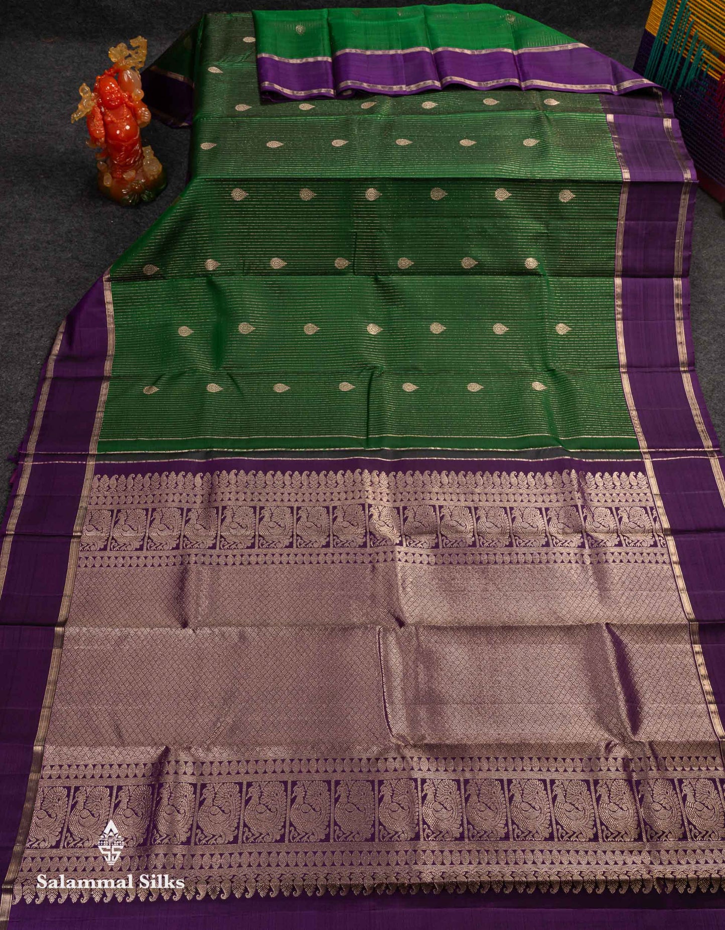 Beautiful Bottle Green Vaira Oosi Stripes Pure Kanjivaram Silk Saree With Contrast Violet Traditional Gap Border