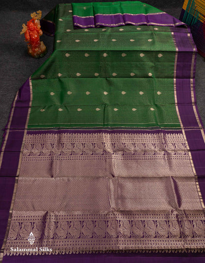 Beautiful Bottle Green Vaira Oosi Stripes Pure Kanjivaram Silk Saree With Contrast Violet Traditional Gap Border