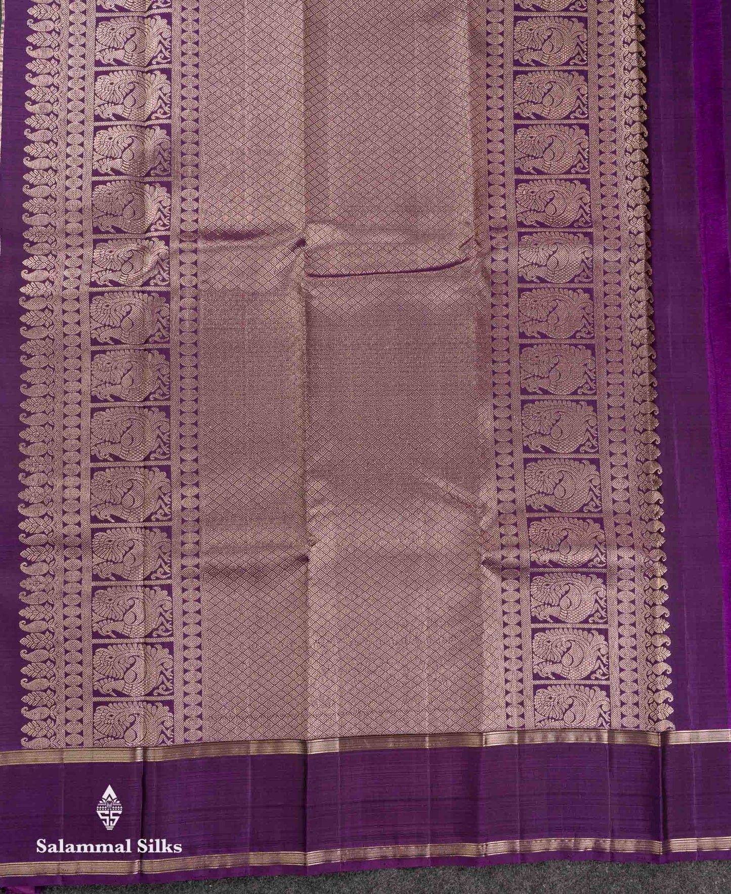 Beautiful Bottle Green Vaira Oosi Stripes Pure Kanjivaram Silk Saree With Contrast Violet Traditional Gap Border