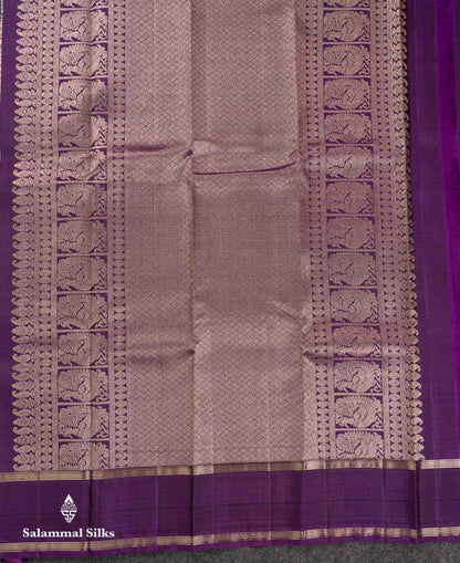 Beautiful Bottle Green Vaira Oosi Stripes Pure Kanjivaram Silk Saree With Contrast Violet Traditional Gap Border