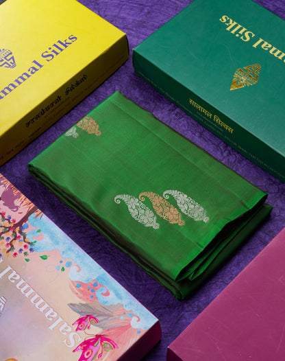 Beautiful Dual Tone Green Fancy Pure Kanjivaram Silk Saree With Contrast Dual Tone Maroon Blouse