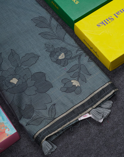 Beautiful Grey Mixed Cotton Fancy Saree With Blouse