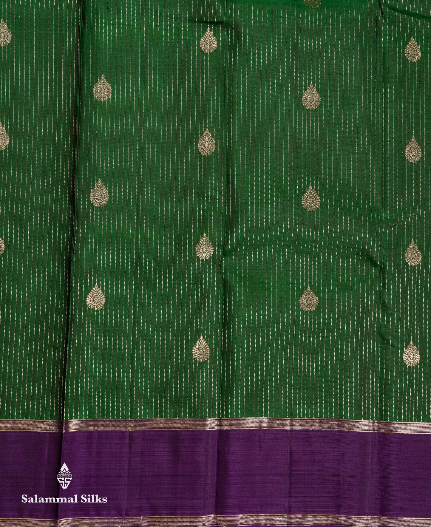Beautiful Bottle Green Vaira Oosi Stripes Pure Kanjivaram Silk Saree With Contrast Violet Traditional Gap Border