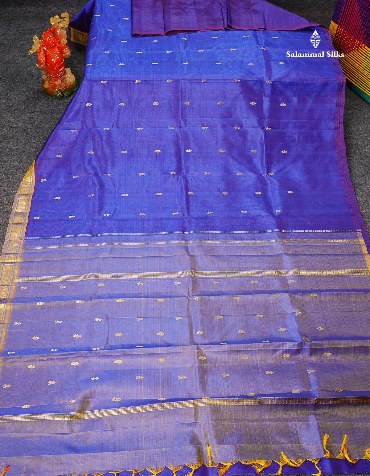 One Side Border Pure Silk Saree - Royal Blue Dual Tone Violet With Contrast Olive Mustard Yellow Small Traditional Border