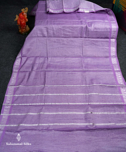 Stunning Pastel Violet Tissue Sungudi Cotton Saree With Small Traditional Silver Zari Border