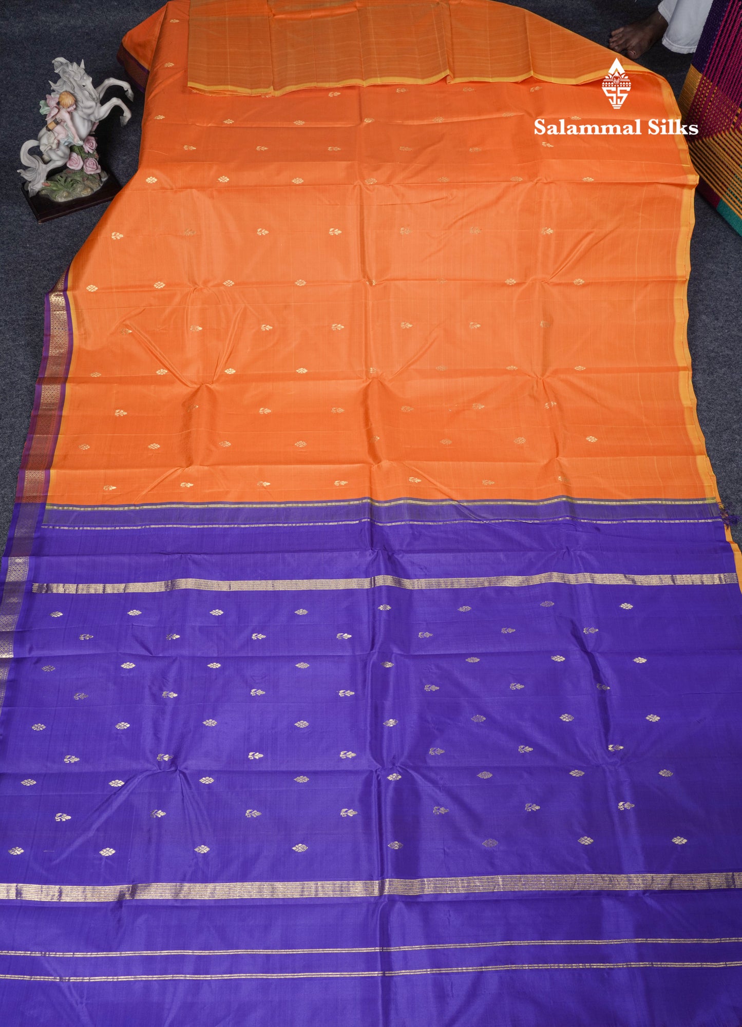 Mango Yellow Pure Kanjivaram Silk Saree With Contrast Purple Small One Side Border
