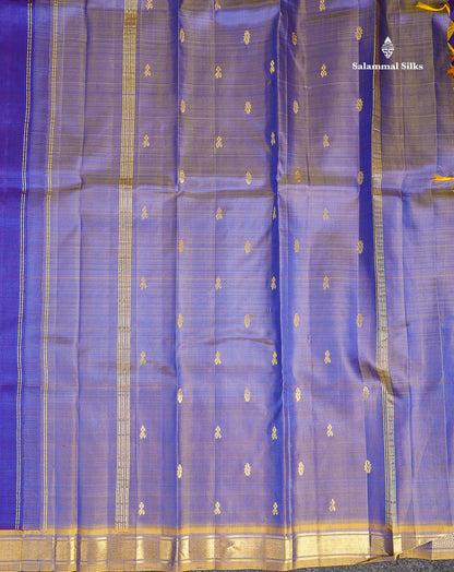 One Side Border Pure Silk Saree - Royal Blue Dual Tone Violet With Contrast Olive Mustard Yellow Small Traditional Border