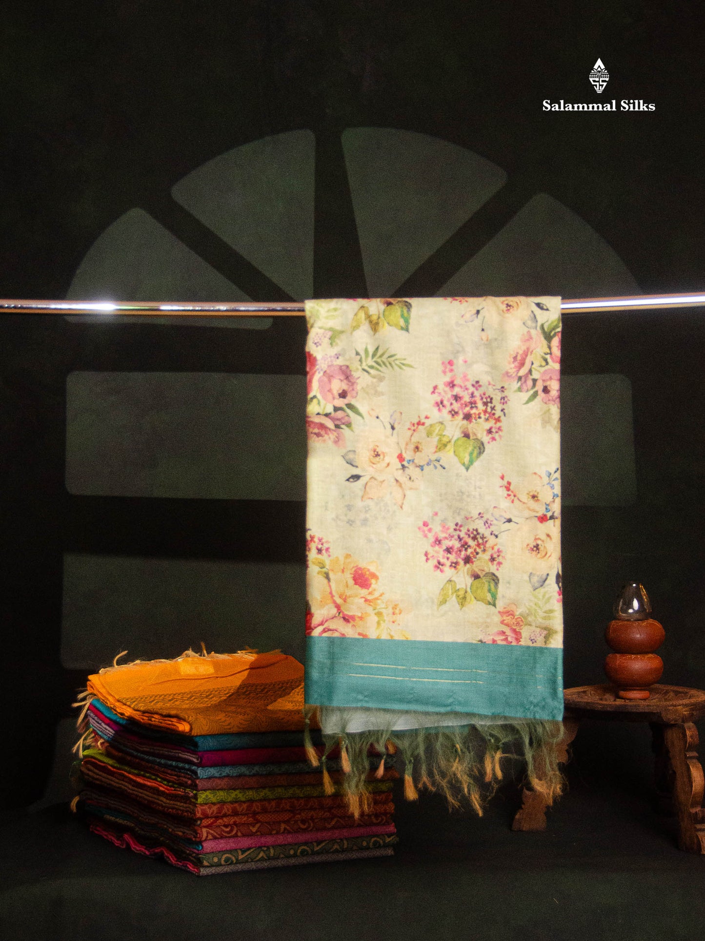 Beautiful Peacock Green Gold & Silver Zari Buttas Semi Organza Saree With Contrast Green White Statin Floral Design Border