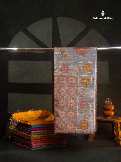 Beautiful Light Maroon Semi Tussar Fancy Saree With Contrast Light Grey Floral Design Border