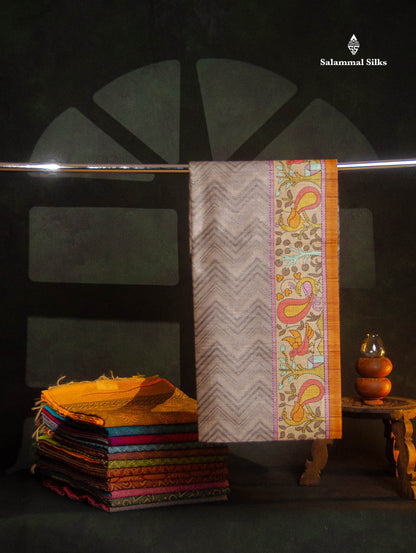 Beautiful Light Grey Wave Design Semi Tussar Fancy Saree With Contrast Brown Blouse