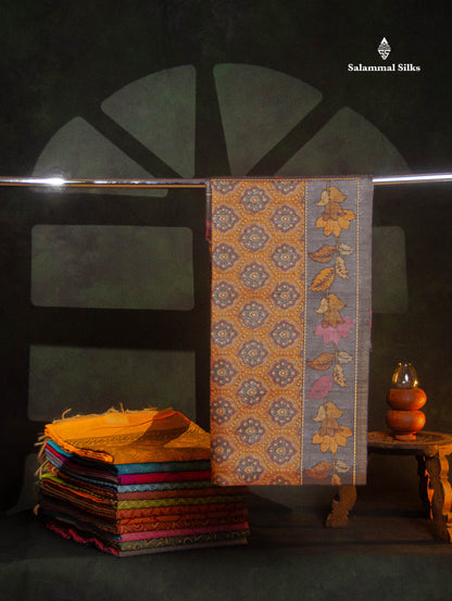 Beautiful Light Brown Semi Tussar Fancy Saree With Contrast Grey Floral Design Border