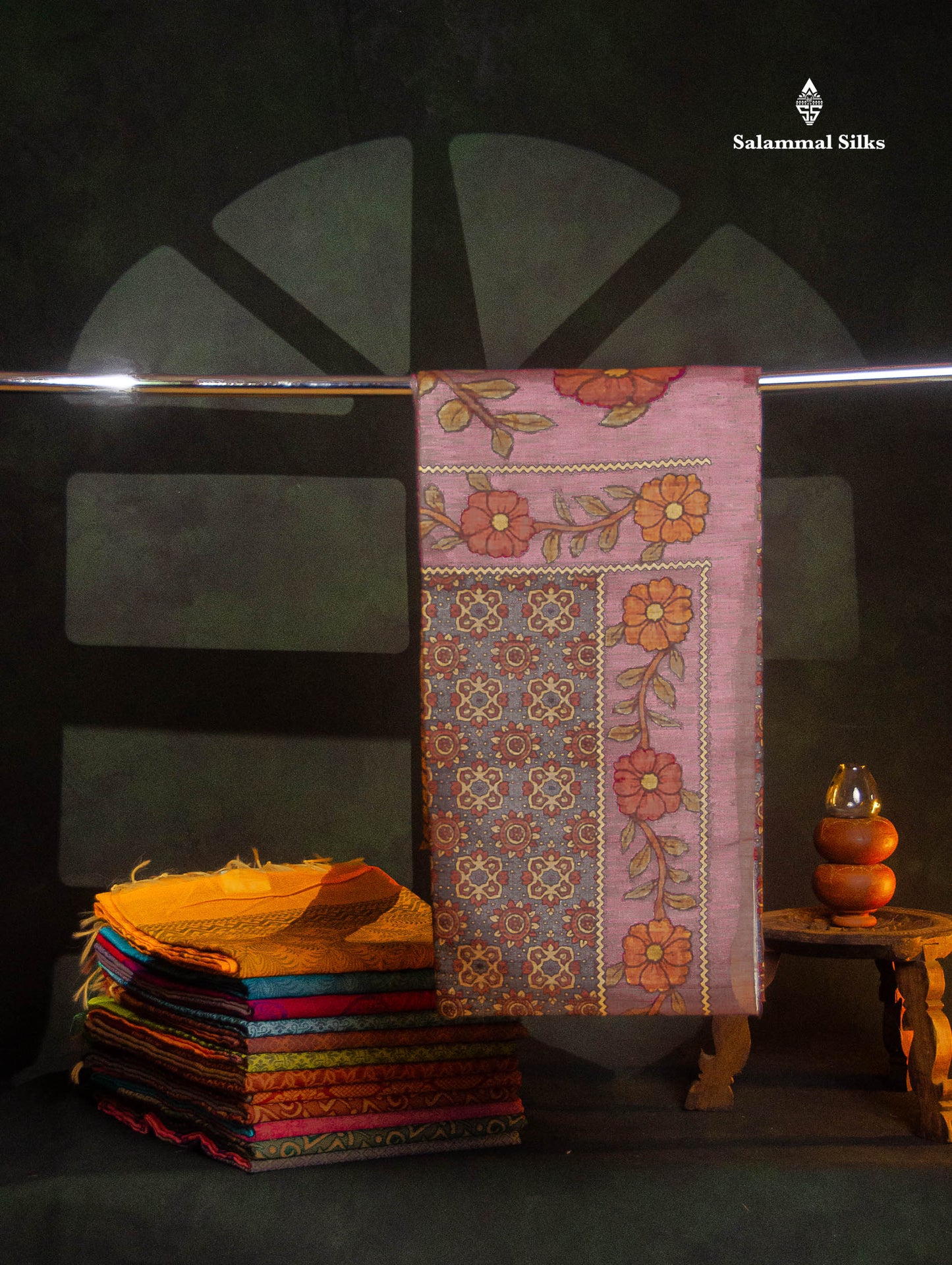 Purple Colour Semi Tussar Ajrah Kalamkari Print Saree With Contrast Pista Green Border