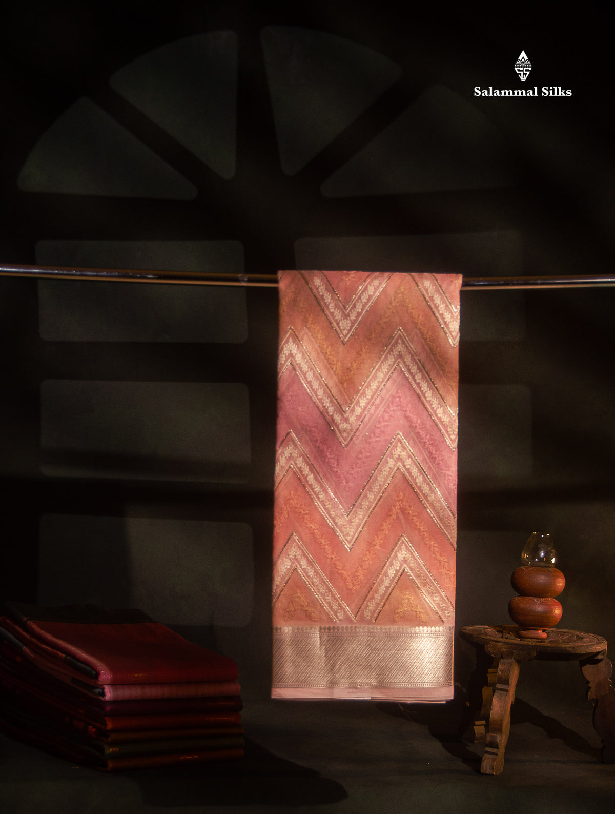 Beautiful Light Pink Zig-Zag Thread Work Semi Organza Fancy Saree With Traditional Border