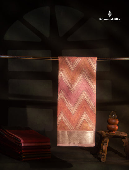 Beautiful Light Pink Zig-Zag Thread Work Semi Organza Fancy Saree With Traditional Border