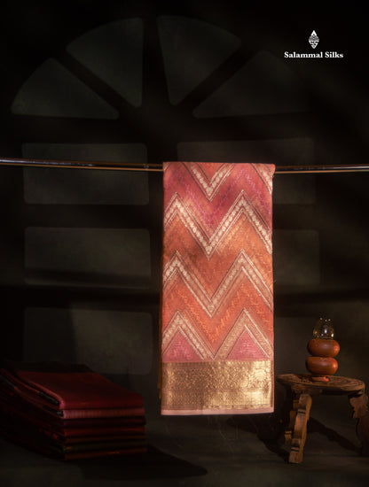 Beautiful Dark Peach Zig-Zag Thread Work Semi Organza Fancy Saree With Traditional Border