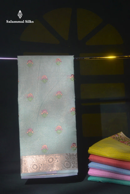 Beautiful Light Lavender Embroidery Floral Design Kota Cotton  Mix Saree With Fancy Border