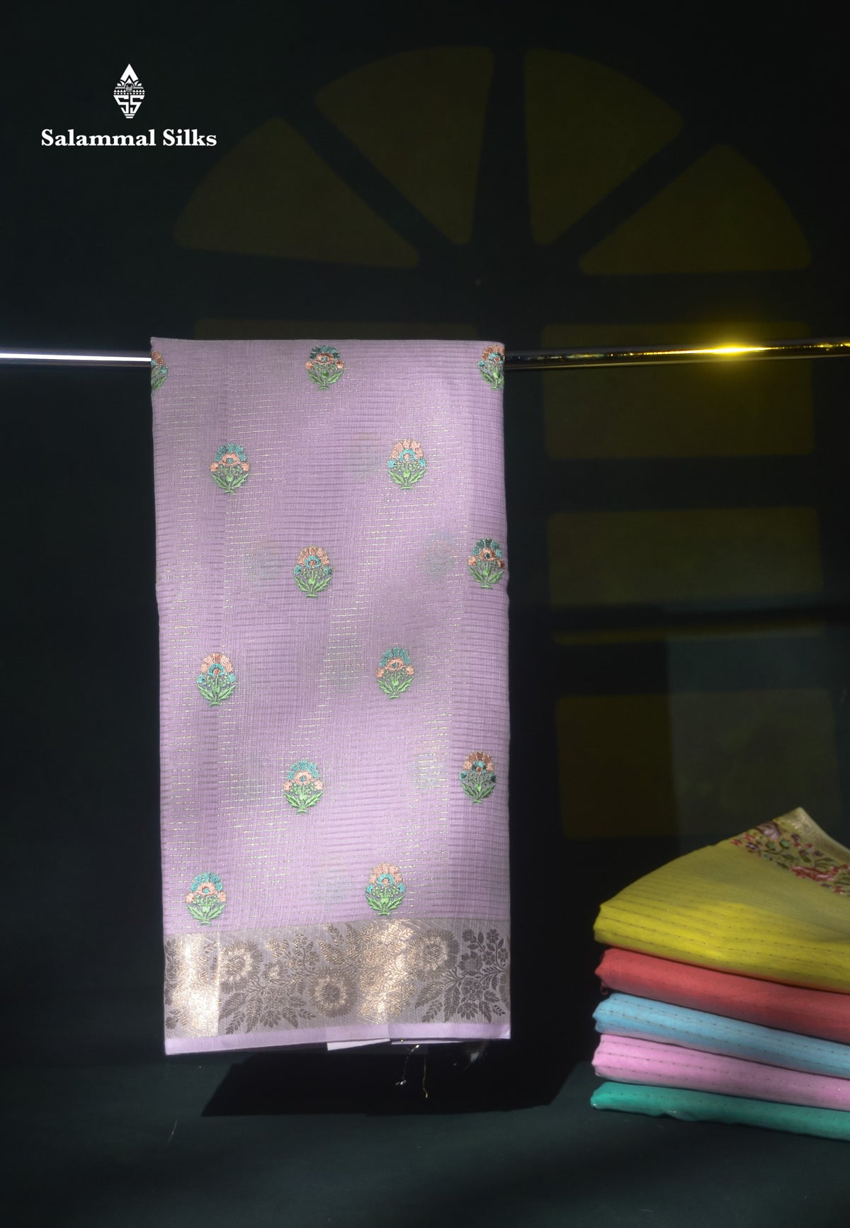 Beautiful Light Lavender Embroidery Floral Design Kota Cotton  Mix Saree With Fancy Border