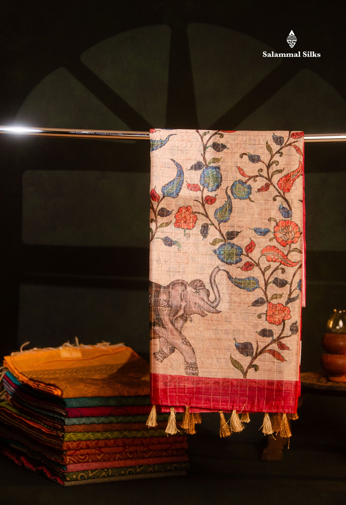 Multicolour Fancy Body Checks Cotton Mix Saree With Floral Kalamkari Blouse