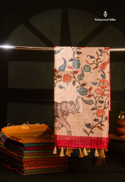 Multicolour Fancy Body Checks Cotton Mix Saree With Floral Kalamkari Blouse