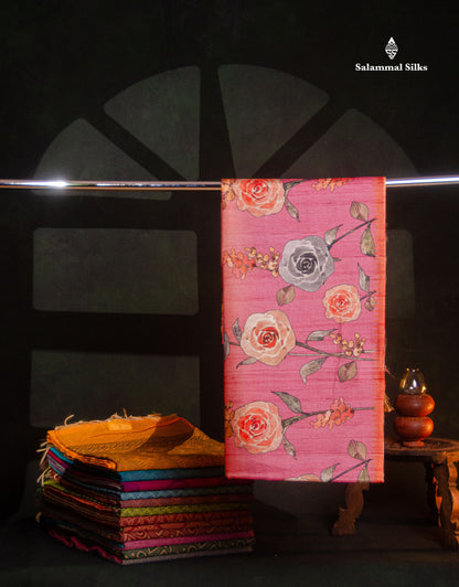 Beautiful Peach Semi Tussar Fancy Saree With Contrast Light Pink Flower Design Border