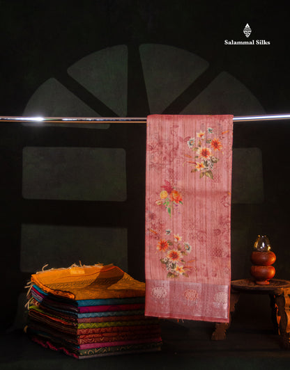 Beautiful Light Chocolate Floral Design Cotton Mix Saree With Copper & Silver Zari Fancy Border