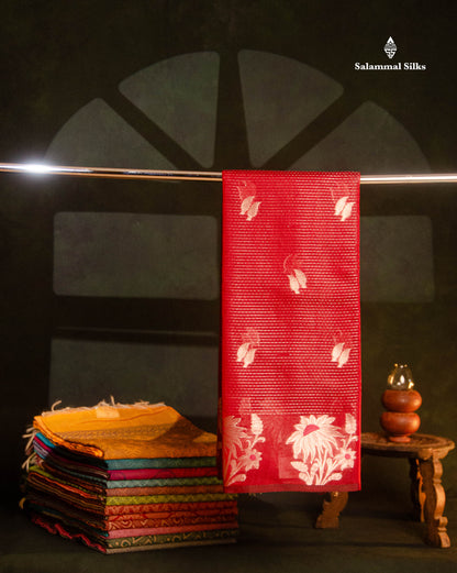 Beautiful Maroon Muga Silk Silver Zari Lines Saree With Fancy Meena work Border