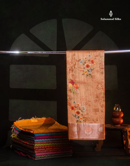 Beautiful Light Chocolate Floral Design Cotton Mix Saree With Copper & Silver Zari Fancy Border