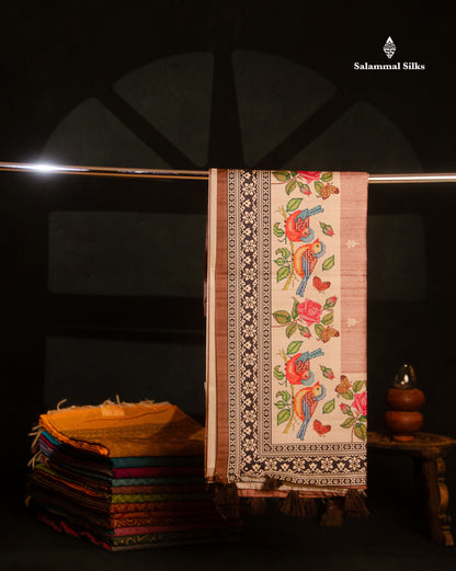 Beautiful Light Chocolate Semi Tussar Fancy Saree With Contrast Brown Blouse