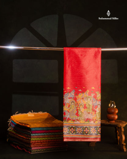 Beautiful Tomato Red Tissue Semi Tussar Fancy Saree With Kalamkari Border